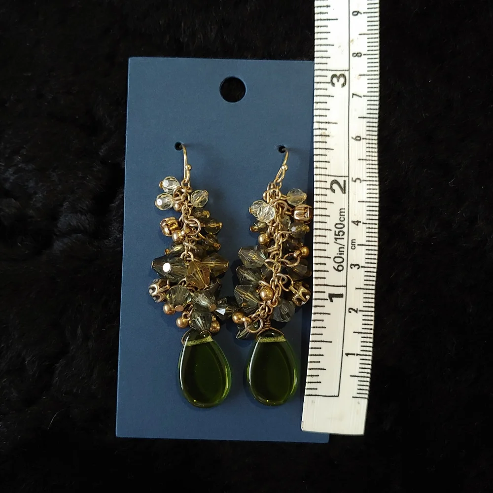Vintage Cluster Earrings, Green/Shades Of Green, Clear Beads